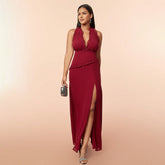 Elegant Dress Halter Sleeveless Tassel Backless High Slit Dress